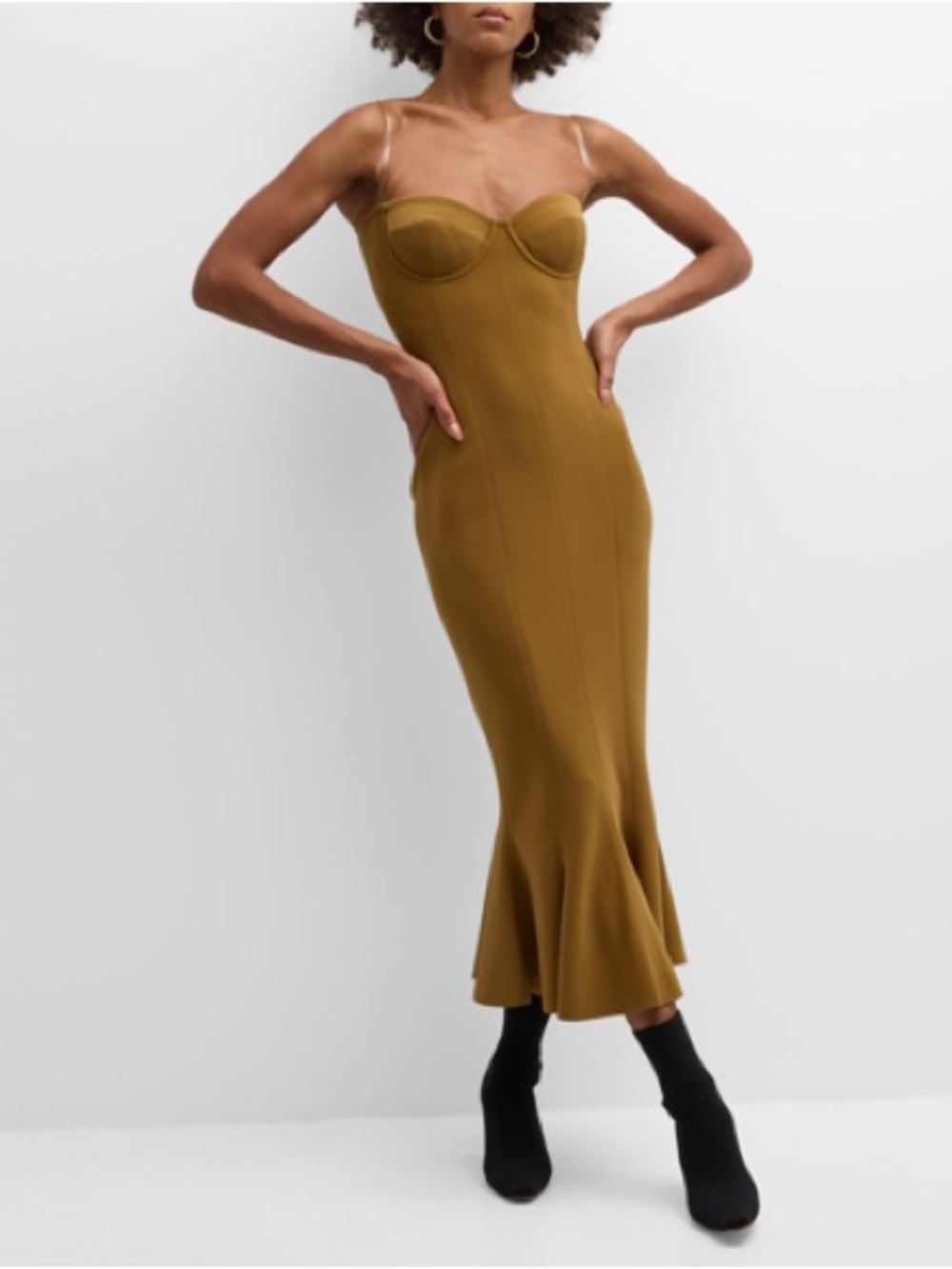 Norma Kamali Strapless Mermaid Midi Dress in Golden Tan